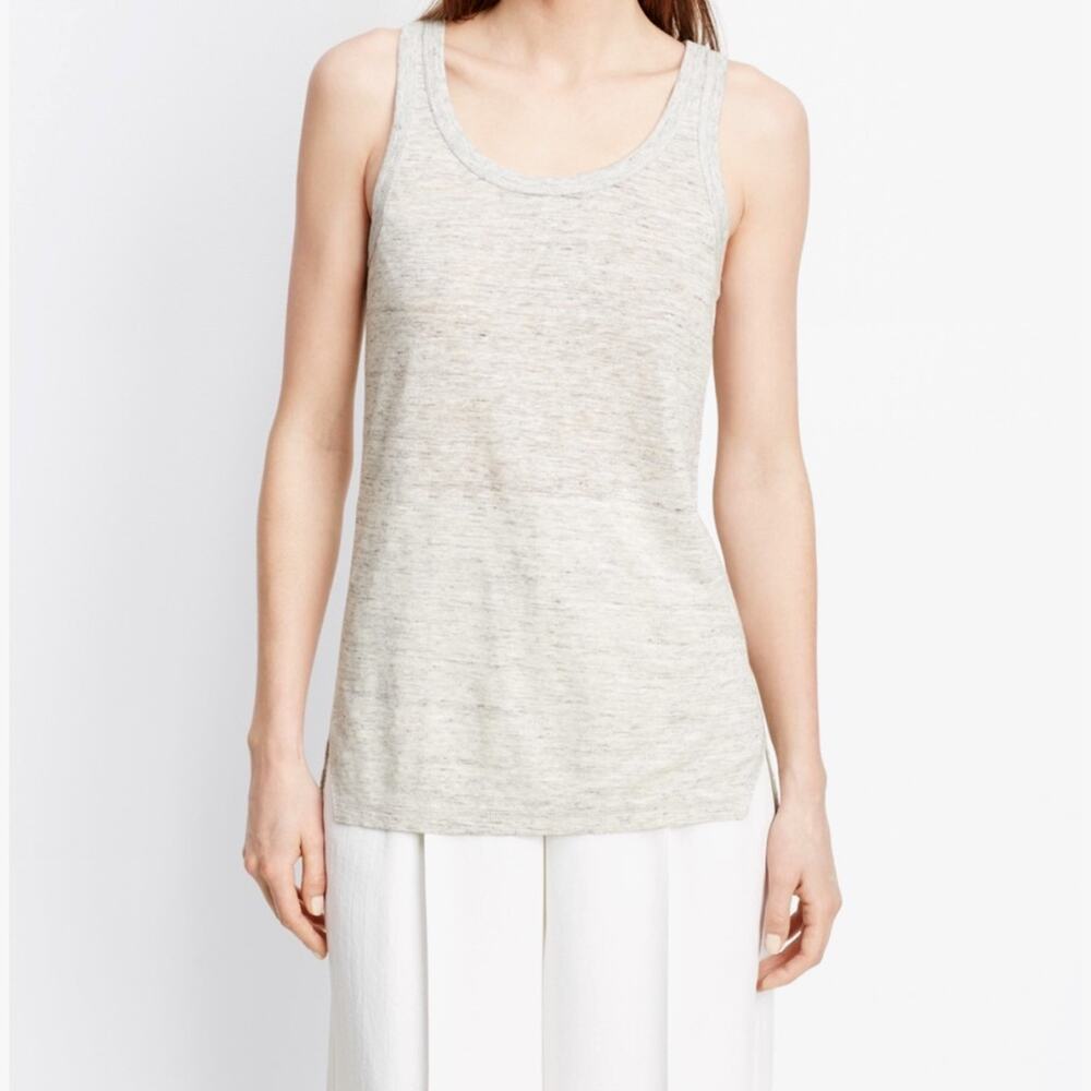 VINCE 100% Linen Scoop Neck Long Tank Top in Heathered Light Gray Size L NWT $85